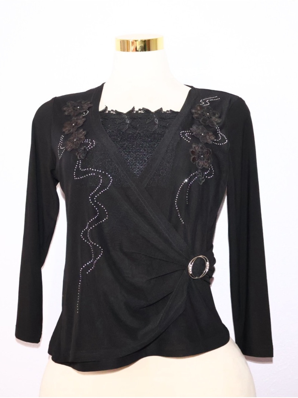 Embellished Black Faux-Wrap Long-Sleeve Top with Ring Detail